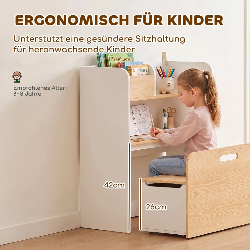 AIYAPLAY Kindertisch mit Sitzbank 5-in-1 Kindersitzgruppe mit Bücherregal, rollbar Kindertruhenbank mit Aufbewahrungsbox für 3-8