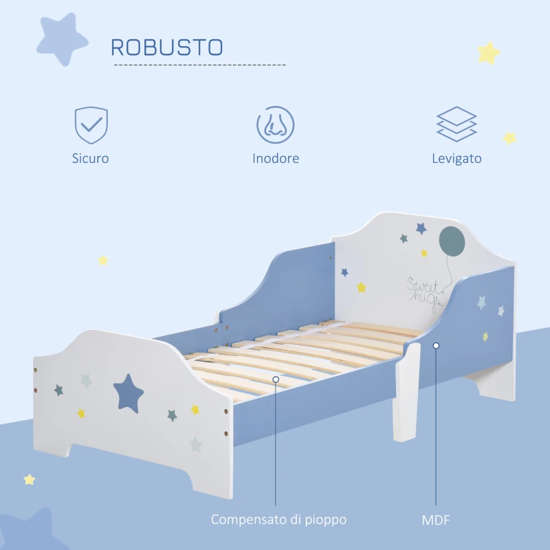 HOMCOM Letto Basso per Bambini di +3 Anni con Sponde Blu e Bianco