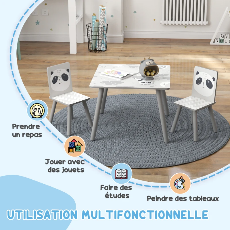 ZONEKIZ Ensemble table et chaises pour enfants, table pour enfant avec 2 chaises, motif animaux pour chambre à coucher gris