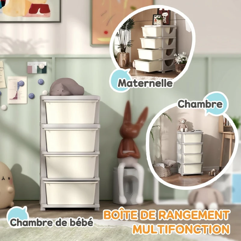 HOMCOM Organisateur de jouets pour enfants avec 4 tiroirs à 4 niveaux, boîtes de rangement en plastique, 37 x 37 x 76 cm, crème