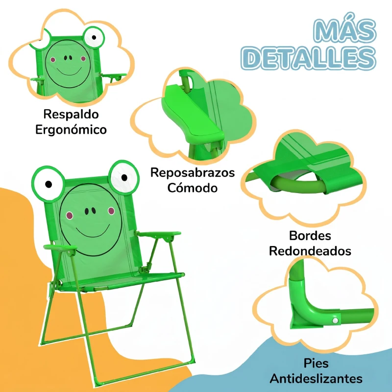 Outsunny Set de Mesa y Sillas Infantil de Jardín Conjunto de Picnic Plegable para Niños Juego de Mesa con Sombrilla Ajustable en Altura de 100-125 cm Diseño de Rana Verde