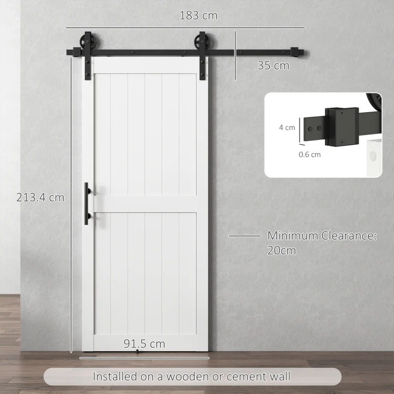 HOMCOM 183cm Sliding Barn Door Kit, Sliding Door with Track, Hardware, Upgraded Rollers and Floor Guide, Handle, White