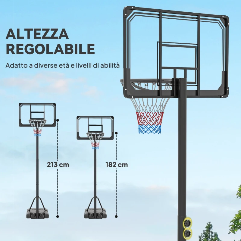 SPORTNOW Canestro Basket a 6 Altezze Regolabili con Base Riempibile e Rotelle, in PE, Acciaio e Poliestere, Nero