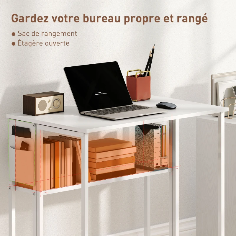 HOMCOM Bureau pliable sur roulettes 80 x 50 cm avec étagère et sac de rangement, blanc