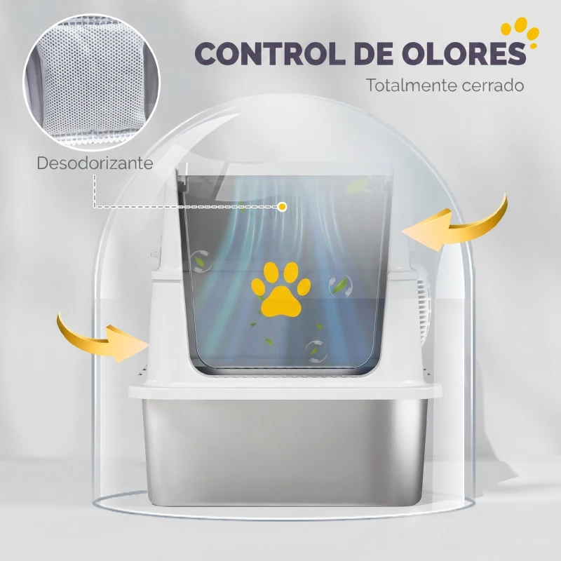 PawHut Arenero para Gatos de Acero Inoxidable XL Cerrado con Tapa Abatible Borde Alto Pala Antifugas Gris Claro
