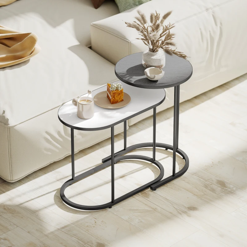 HOMCOM Lot de 2 tables basses gigognes, tables d'appoint empilable style contemporain, cadre en métal gris et blanc