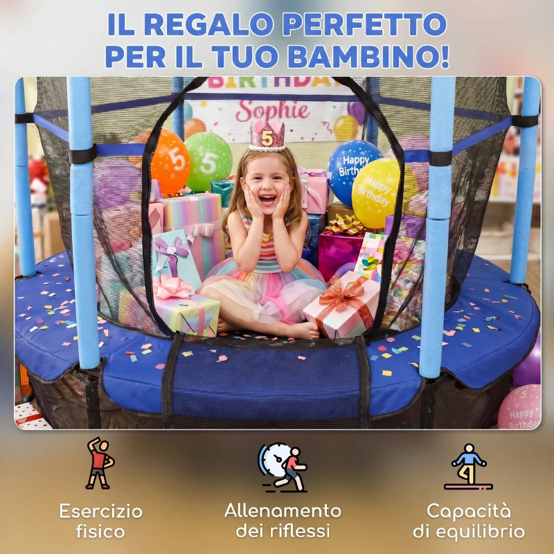 HOMCOM Trampolino Elastico per Bambini Ø1.6x1.9 m con Rete di Sicurezza e Pali Imbottiti, Età 3-10 Anni, Blu