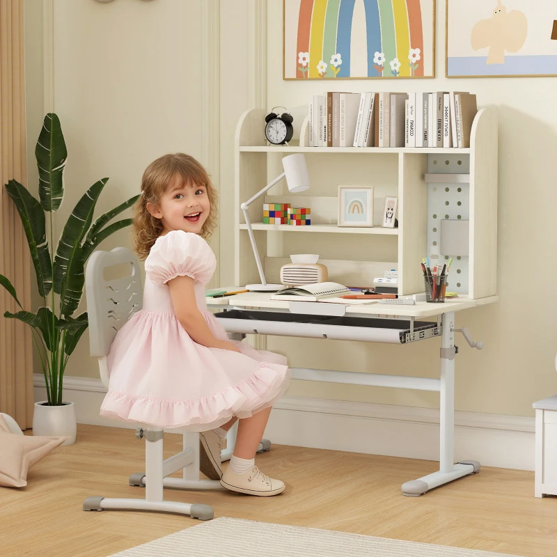 AIYAPLAY Kids Desk Height Adjustable with Tilt-Desktop, Hutch, Drawer, Storage Shelf, Pegboard, for 3-12 Years Old, Natural