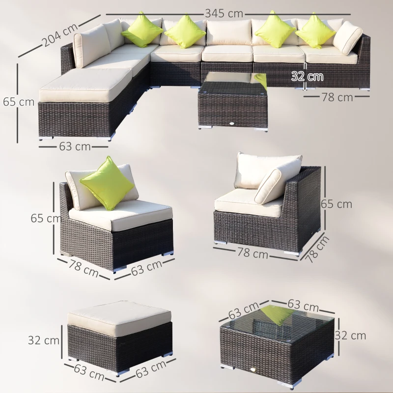 Outsunny 8 Piece Rattan Corner Sofa Set with Wide & Deep Seat, Assembled Aluminium PE Rattan Garden Furniture Set with Thick Cushions and Glass Top Table for Outdoor, Conservatory, Mixed Brown
