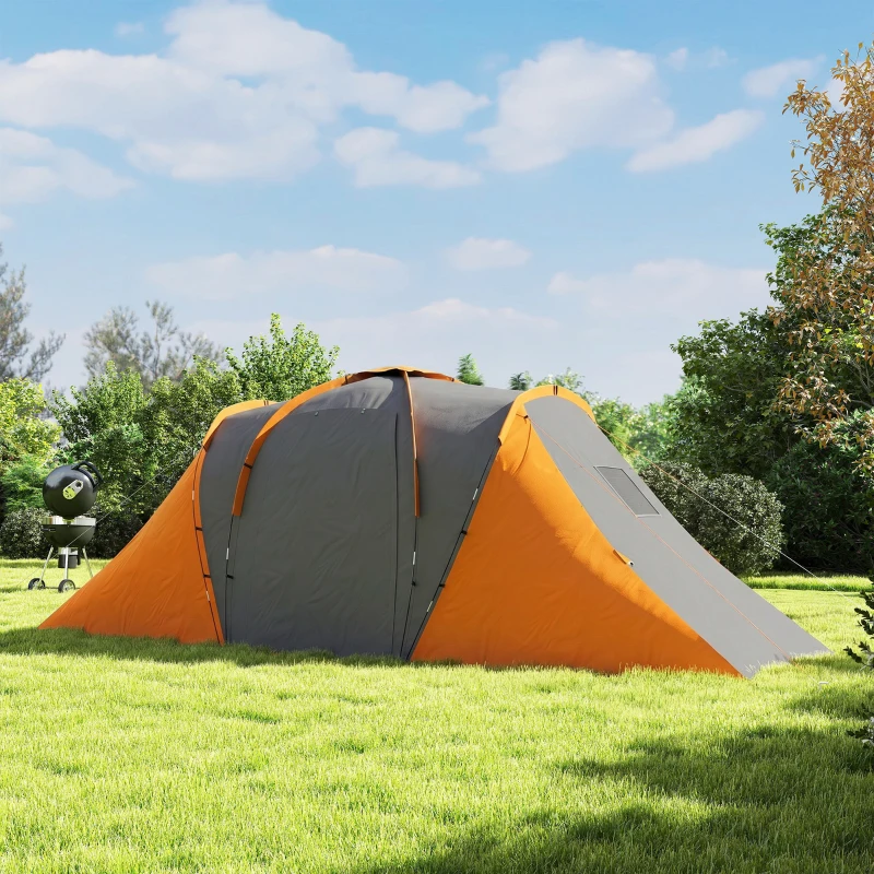 Outsunny Tunnelzelt, 2000mm Wasserabweisend Campingzelt für 4 Personen, mit 2 Schlafzimmern Wohnbereich Tragetasche Grau+Orange