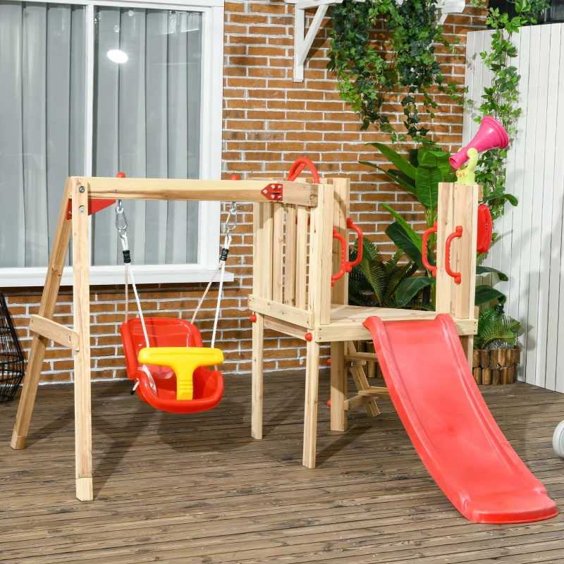 Outsunny Set cu Tobogan și Leagăn de Grădină pentru Copii cu Vârsta 18-48 Luni, din Lemn și Plastic, Roșu