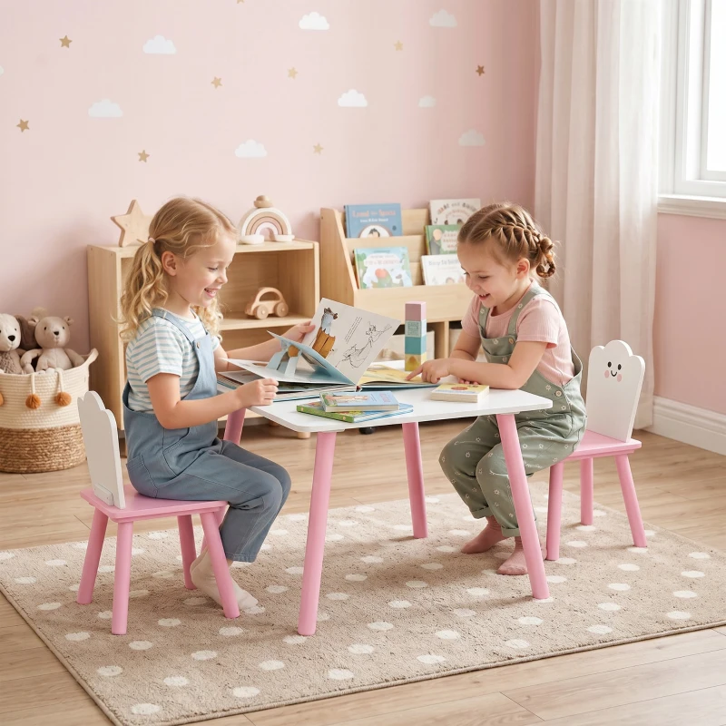 AIYAPLAY Table enfant avec chaise, ensemble table et 2 chaises en bois pour dessiner, jouer, étudier, rose