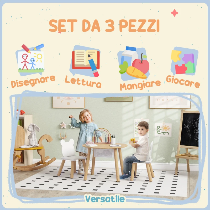 AIYAPLAY Set con Tavolo e 2 Sedie per Bambini con Schienale a Orsetto, Tavolino con Vano Contenitore, Color Legno