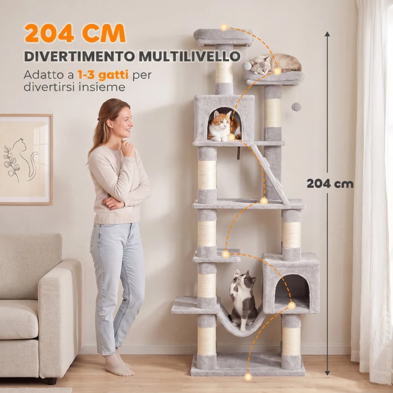 PawHut Tiragraffi per Gatti Grande Alto 204 cm Multilivello, 8 Pali in Sisal, 2 Casette, Amaca, Grigio Chiaro
