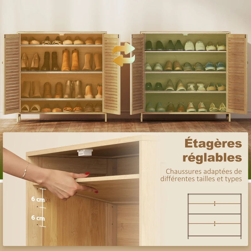 HOMCOM Meuble à chaussures en bambou 14 paires, armoire à chaussures avec portes persiennes et étagères réglables, bois naturel