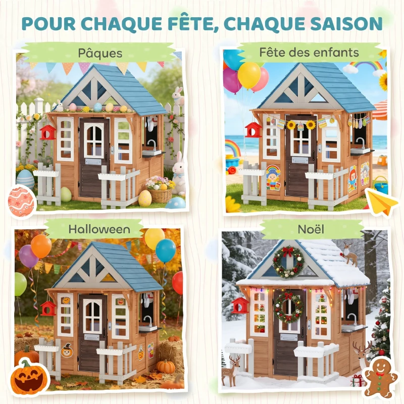AIYAPLAY Cabane enfant extérieur en bois, maison enfant extérieure/intérieure avec chatière, cuisine de jeu, marron