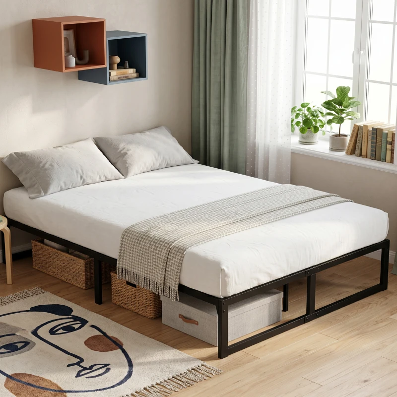 HOMCOM 4ft6 Double Bed Frame with Underbed Storage and Steel Slat Support, 32.5 cm Height, Noise-Free, Black