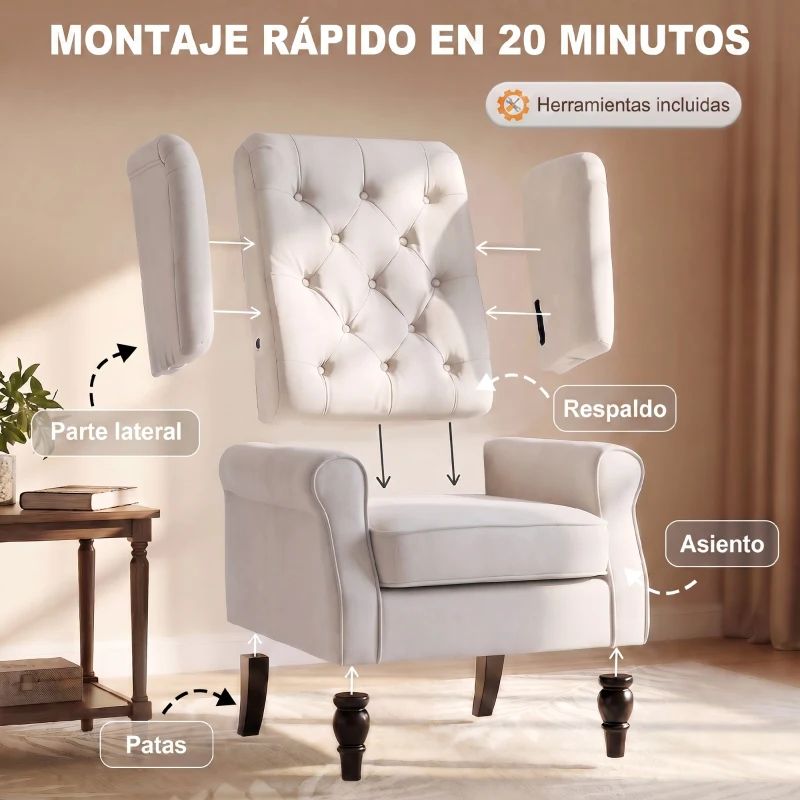 HOMCOM Sillón de Salón con Reposacabezas y Patas de Madera Butaca Carga 160 kg para Dormitorio Oficina Sala de Estar Crema