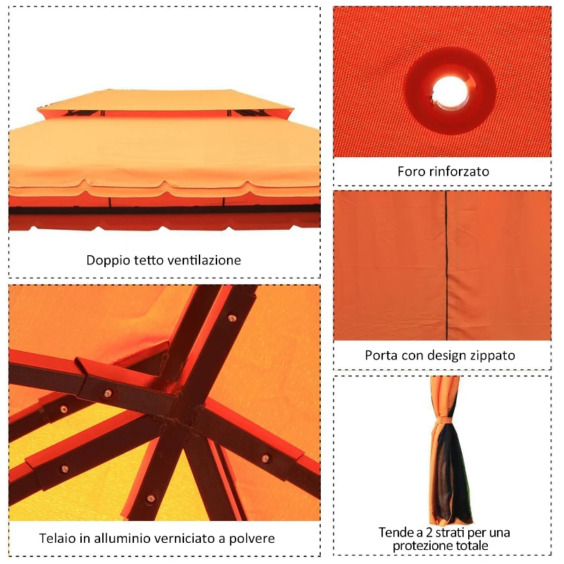 Outsunny Gazebo da Giardino 4x3m con Doppio Tetto e Tende Laterali, Arancione
