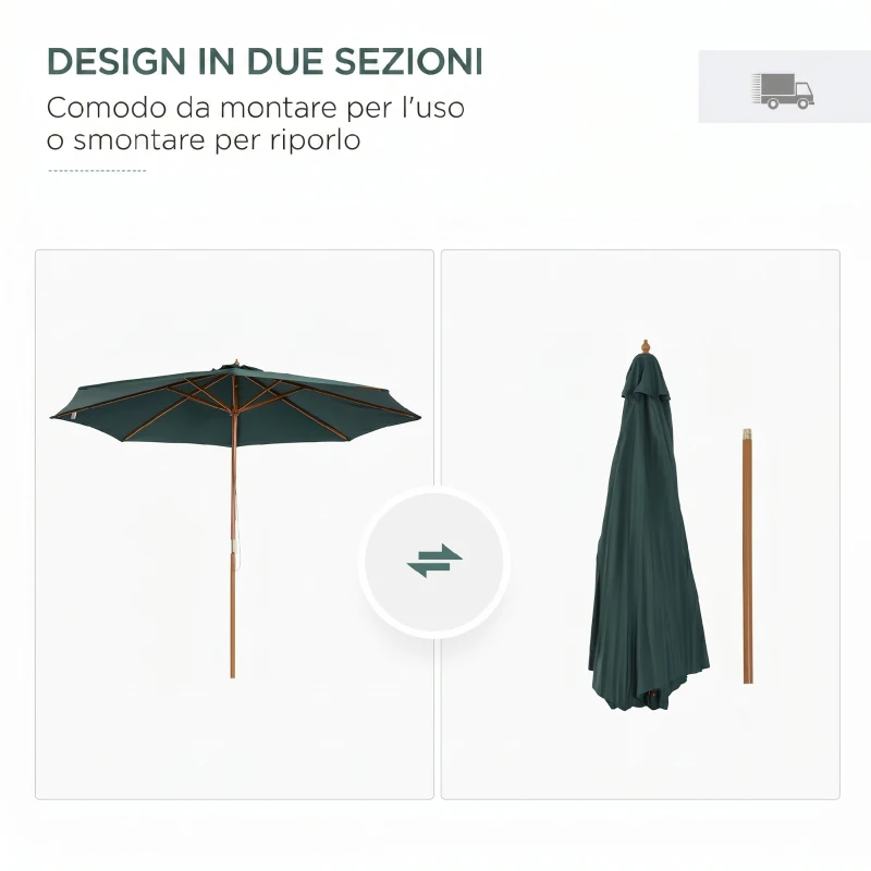 Outsunny Ombrellone da Giardino 3x2.5 m con Apertura a Corda, 8 Stecche, in Legno e Poliestere Verde Scuro