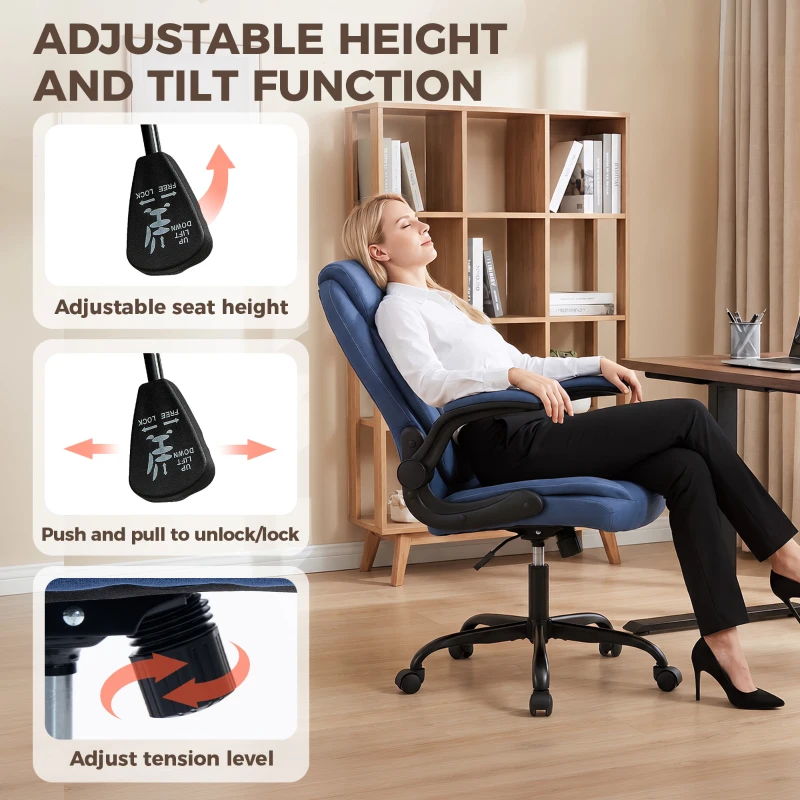 HOMCOM Linen-Look Computer Desk Chair, Executive Office Chair with Flip-Up Armrests and Thick Cushion, Blue