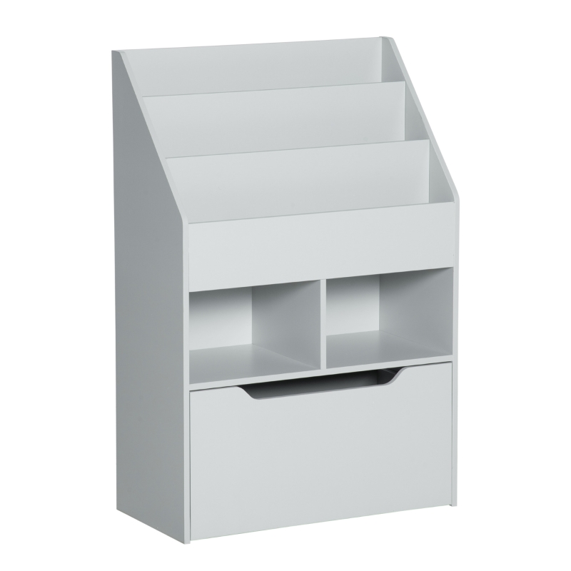 HOMCOM Estantería Infantil de Madera con 3 Compartimentos 2 Cubos y Cajón Móvil con 4 Ruedas 60x29,9x90 cm Gris