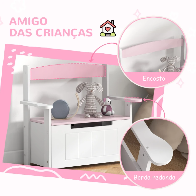 AIYAPLAY Baú de Brinquedos Infantil Banco de Armazenamento para Crianças com Encosto e Tampa Amortecida 68,5x34x58 cm Rosa e Branco