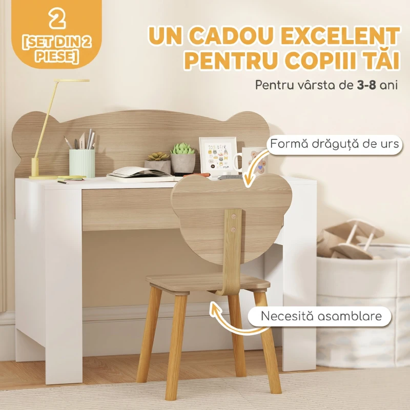 AIYAPLAY Set birou pentru copii cu sertar și scaun cu spătar ursuleț, 3-8 ani, culoare lemn