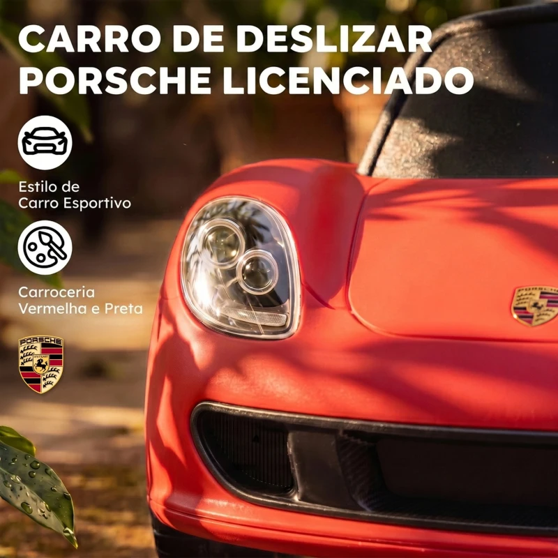 AIYAPLAY Carro sem Pedais para Crianças 18-36 Meses com Licença Porsche, 2 Faróis, Buzina e Som de Arranque, 63x28,5x38 cm, Vermelho