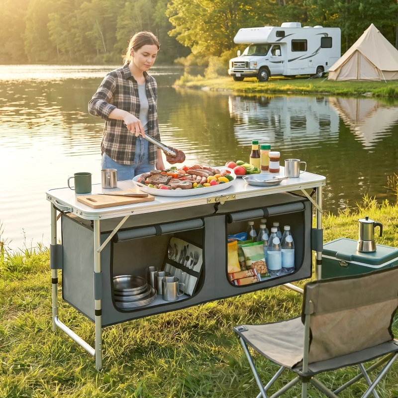 Outsunny 4ft Folding Camping Cupboard Kitchen, Height Adjustable Aluminium Camping Table with Storage, Lightweight Picnic Table for Outdoor Garden BBQ Party