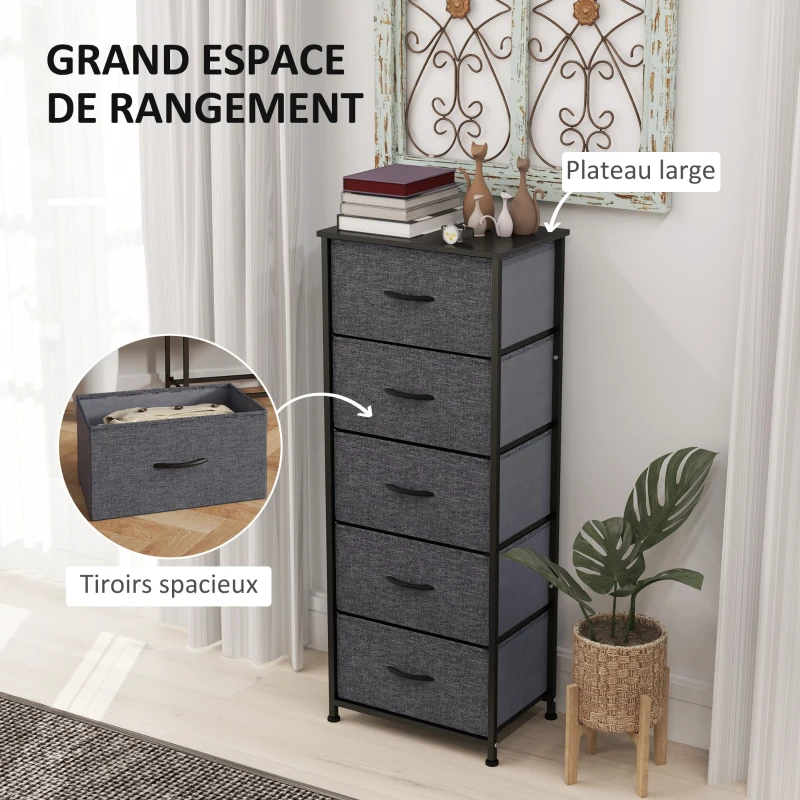 HOMCOM Commode 5 tiroirs meuble de rangement tiroir en tissu pliant - structure acier noir - 45 x 30 x 116 cm gris foncé