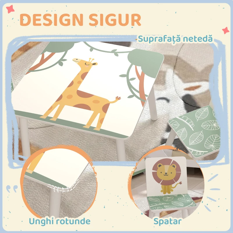 AIYAPLAY Set Mobilier Cameră Copii cu Masă și 2 Scaune pentru Copii de 3-8 Ani cu Model Animale, Verde