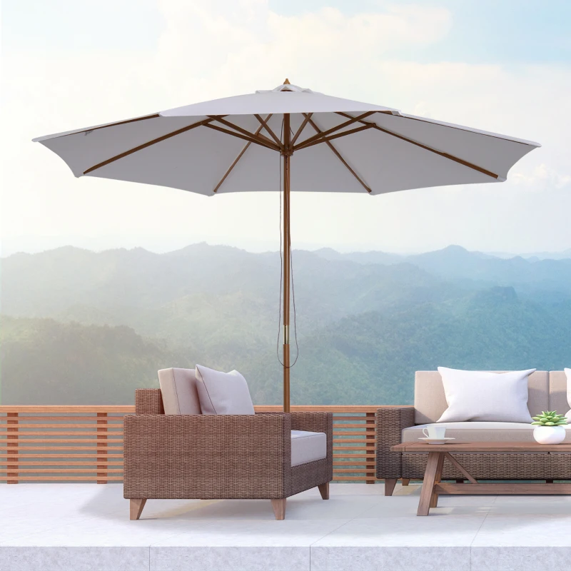 Outsunny Sonnenschirm Ø 300 cm, Sonnenschirm mit UV Schutz Balkonschirm aus Holz Strandschirm stabil Marktschirm Sonnenschutz für Strand Terrasse Garten, Weiß