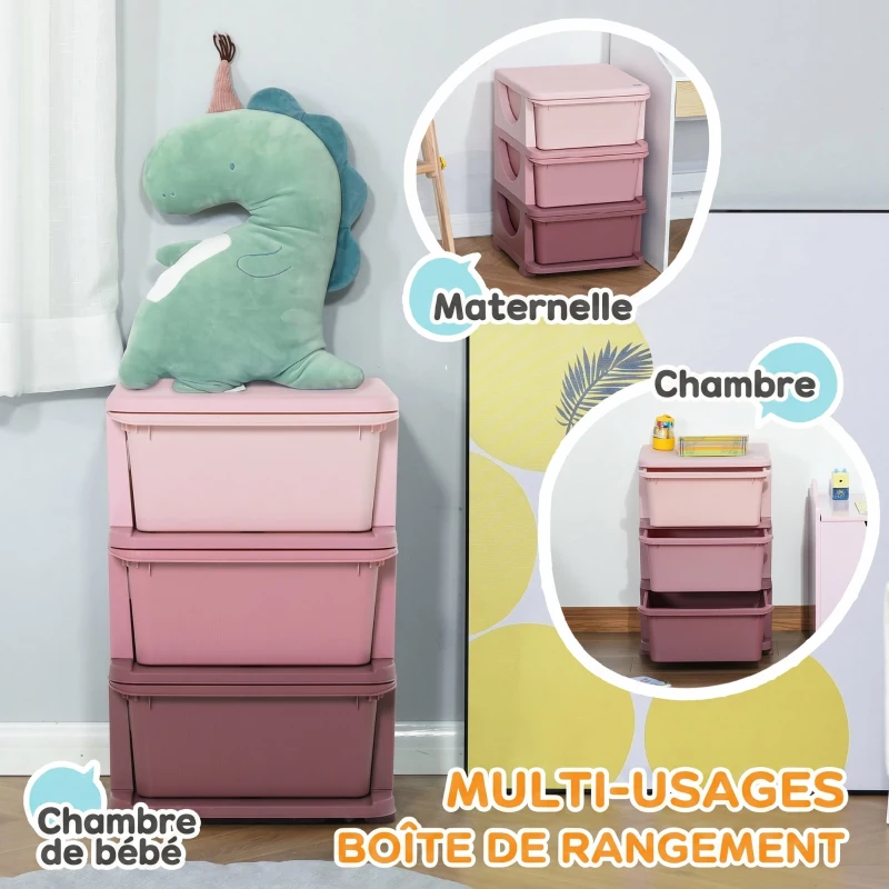 HOMCOM Organisateur de jouets pour enfants avec tiroirs à 3 niveaux, boîtes de rangement en plastique, 37 x 37 x 56,5 cm, rose