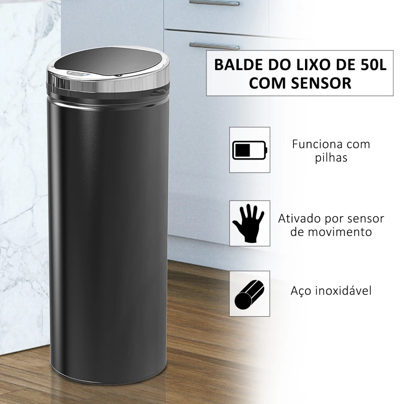 HOMCOM Balde do Lixo Automático 50L com Tampa de Fecho Suave e Silencioso Corpo em Aço Inoxidável Preto