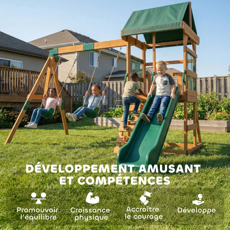 AIYAPLAY Aire de Jeux portique en Bois avec 2 balançoires et Toboggan, Mur d'Escalade et Terrasse Couverte, pour 3 à 8 Ans