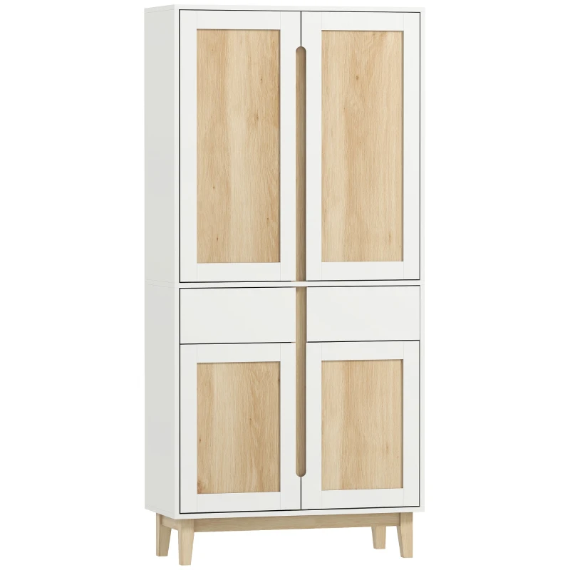 HOMCOM Buffet haut cuisine, armoire de cuisine avec 4 portes, 2 tiroirs et étagères réglables, 80x35x170cm, blanc et chêne(m-12)