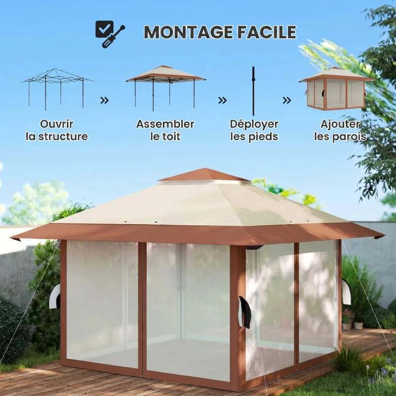 Outsunny Tonnelle pliante barnum parois en filet et protection UV50+ hauteur réglable et double toit sacs de lestage 4x4m beige