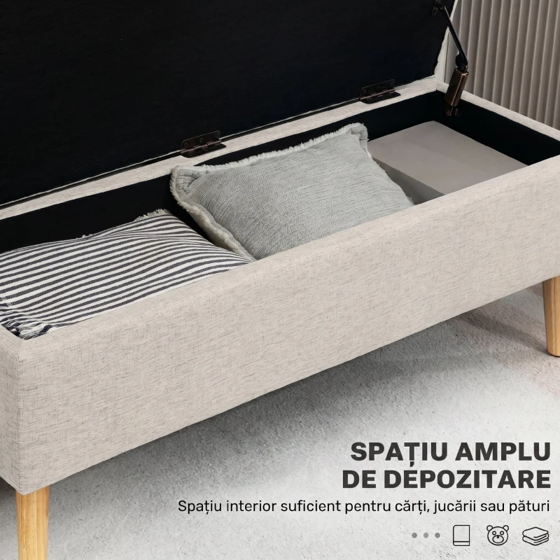 HOMCOM bancă cu spațiu de depozitare 110 x 39 x 45 cm din material cu aspect de in, picioare din lemn de cauciuc, capacitate 220 kg, bej