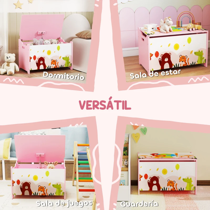 AIYAPLAY Caja de Almacenaje de Juguetes Baúl Juguetes Infantil con Tapa Abatible Asas Estampados de Animales 60x37x39 cm Rosa