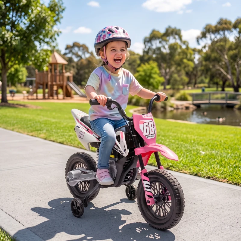 AIYAPLAY Moto elétrica infantil moto cross para crianças de 3 a 6 anos 2 motores 12V velocidade 5 km/h 109,5x60x72,5cm rosa