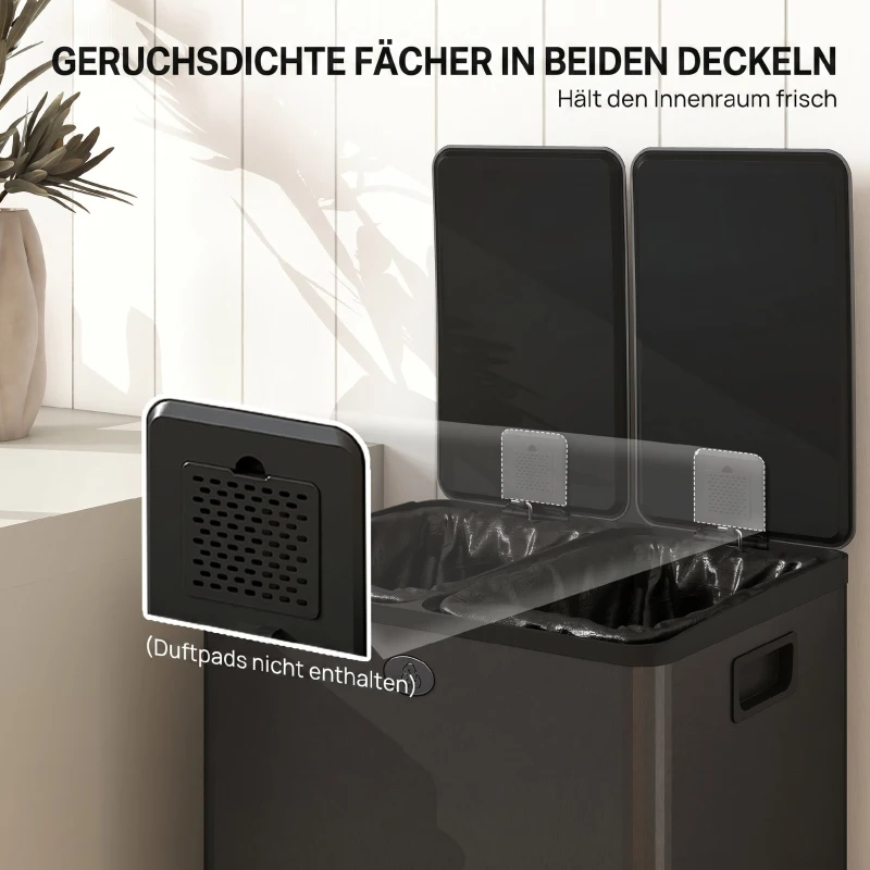 HOMCOM 2 x 28 L Doppelmülleimer, Pedalöffnung, leicht zu reinigen, Edelstahl, Kunststoff, Schwarz