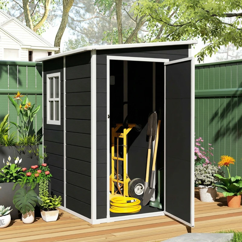 Outsunny 4 x 5FT Garden Storage Shed, Lean to Shed, Lockable Garden Shed with Window, Vent and Plastic Roof, Black