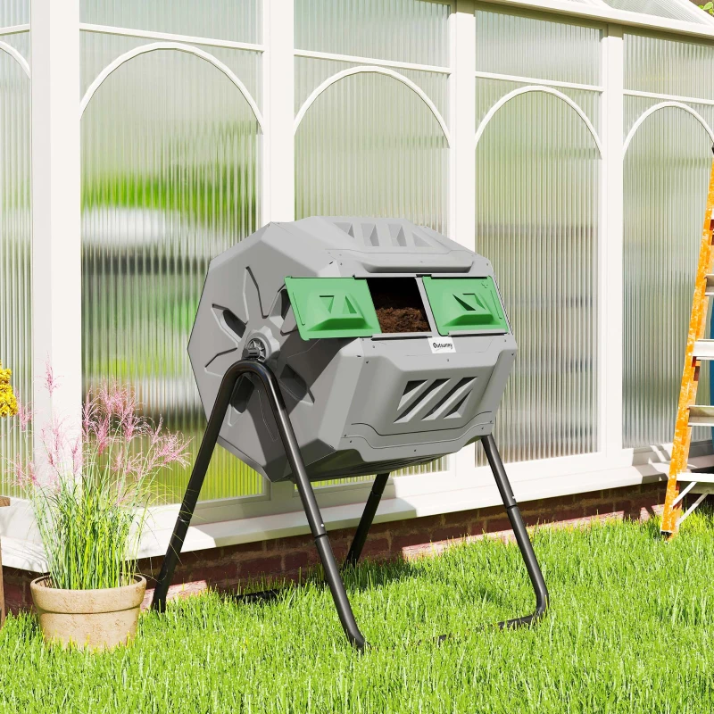 Outsunny Composteur de Jardin - bac à Compost pour déchets - Rotatif 360° - Double Chambre 160 L - Acier PP Gris