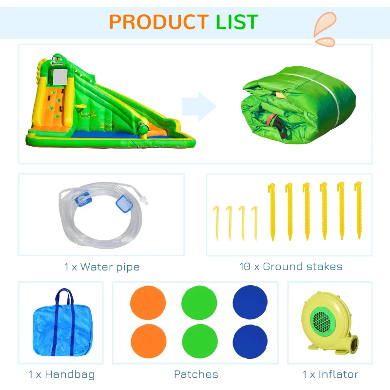 Outsunny Kids Bouncy Castle, 5 in 1 Large Crocodile Style Inflatable House Slide Basket Water Pool Gun Climbing Wall with Blower Carrybag for Kids Age 3-8, 3.85 x 2.85 x 2.25m