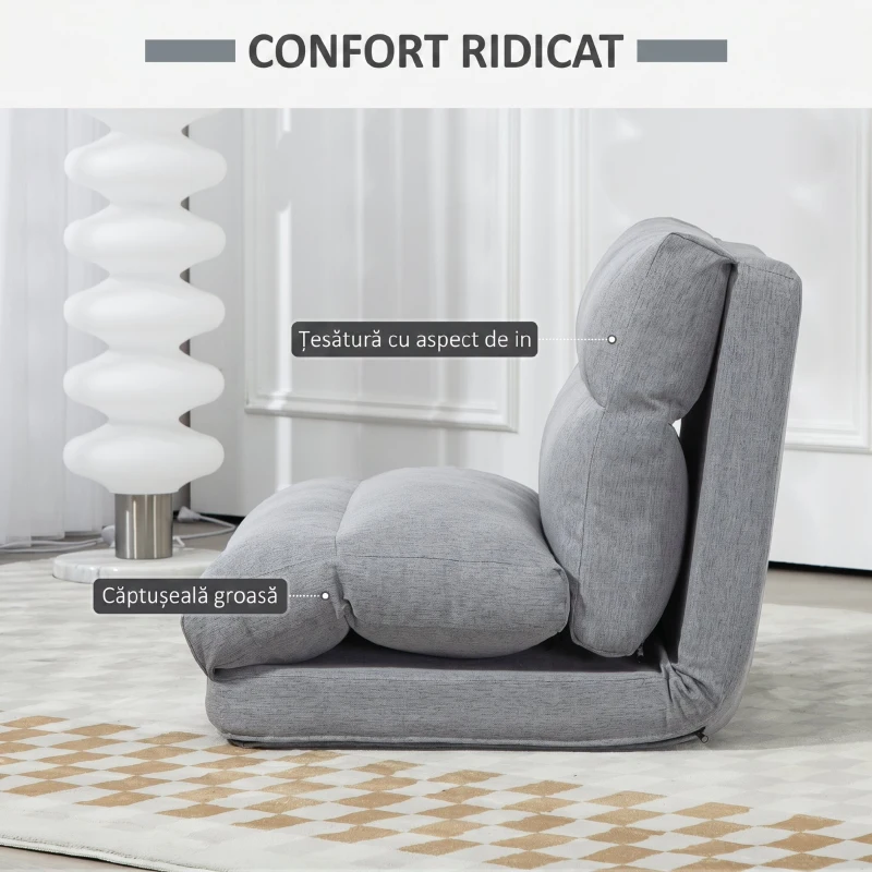 HOMCOM Fotoliu de podea pliabil 3 în 1, transformabil în șezlong și pat, din material cu efect de in, gri