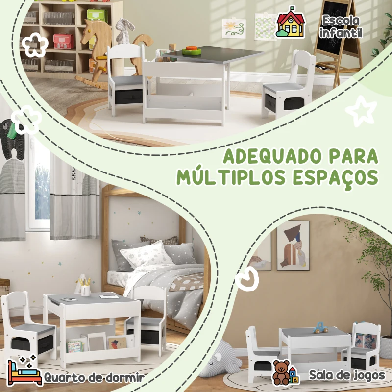 HOMCOM Conjunto de Mesa e 2 Cadeiras Infantis 2 em 1 com Ardósia Gavetas de Tecido e Espaço de Armazenamento para Quarto Cinza