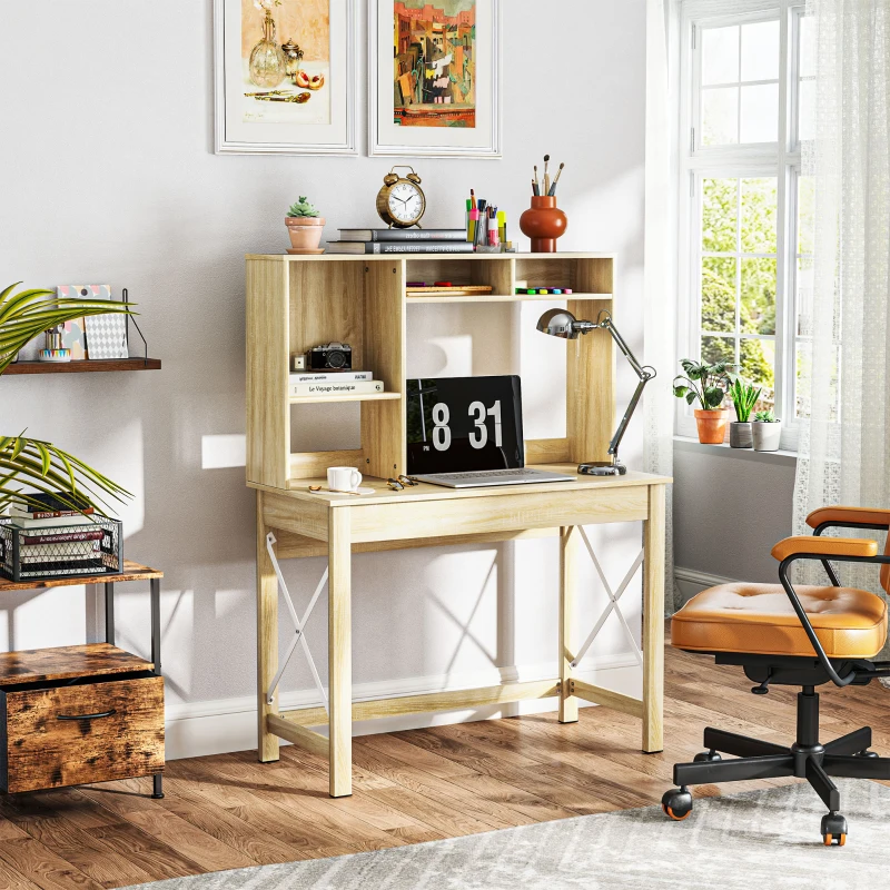 HOMCOM Bureau avec rangement bureau bibliothèque en bois avec étagères et grand plateau pour petits espaces, aspect chêne