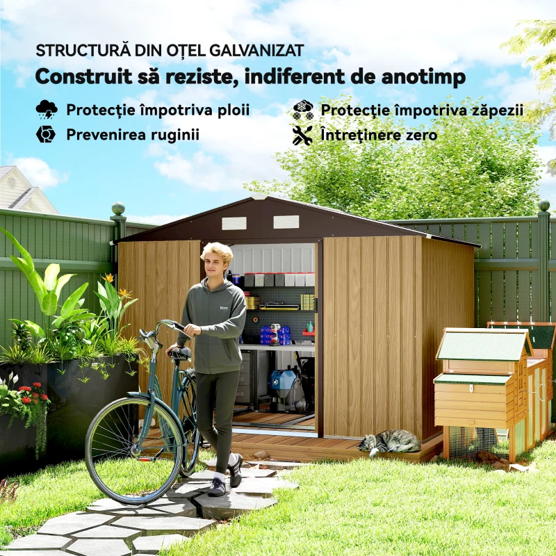 Outsunny Magazie de grădină 4,9 m² din oțel, cu ușă dublă glisantă și acoperiș înclinat, maro deschis