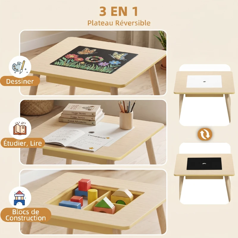 AIYAPLAY Ensemble 1 table et 2 chaise 3 pièces pour enfants avec plateau réversible espace de rangement bois naturel